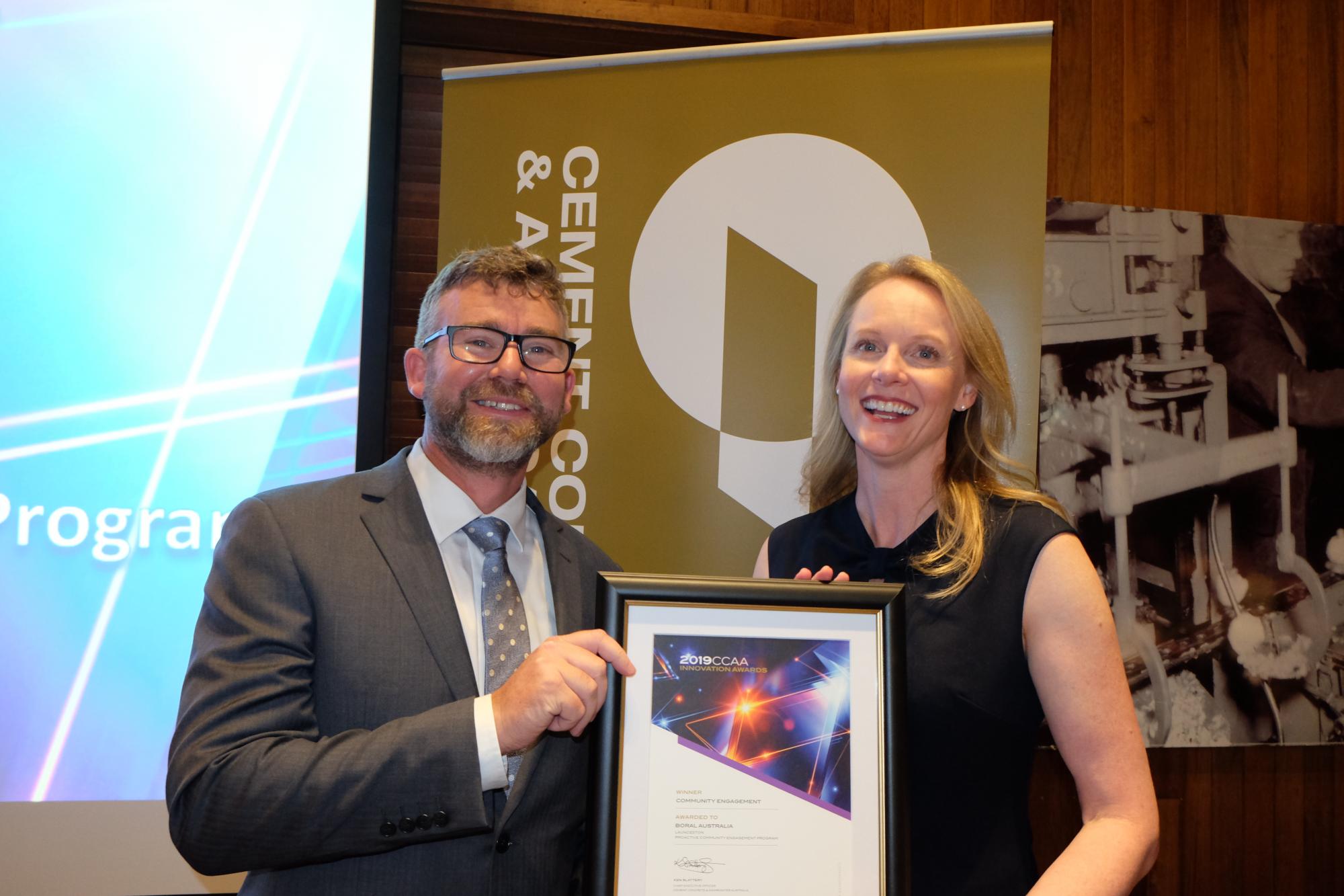 Pictured: Tasmanian Minister for Resources, Building and Construction, Sarah Courtney, presenting Boral Tasmania General Manager Gary Chapman with the award in Hobart on May 24, 2019